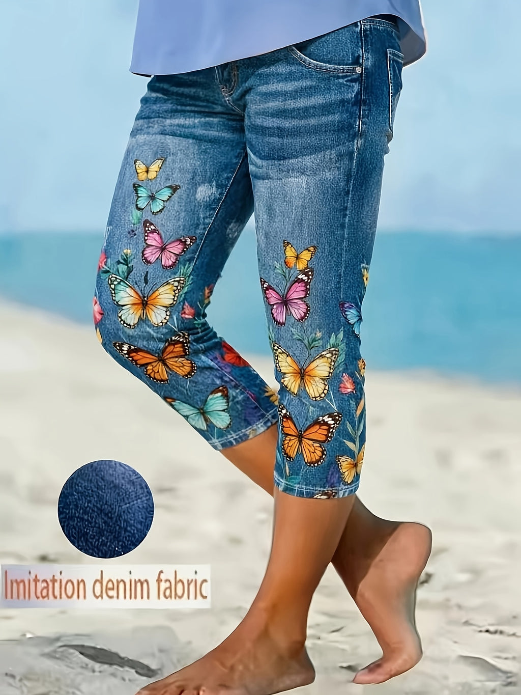 Butterfly Print Shorts Women Stretch Mid-Length Royal Blue Spring Summer Beach Casual Vacation S-XXL