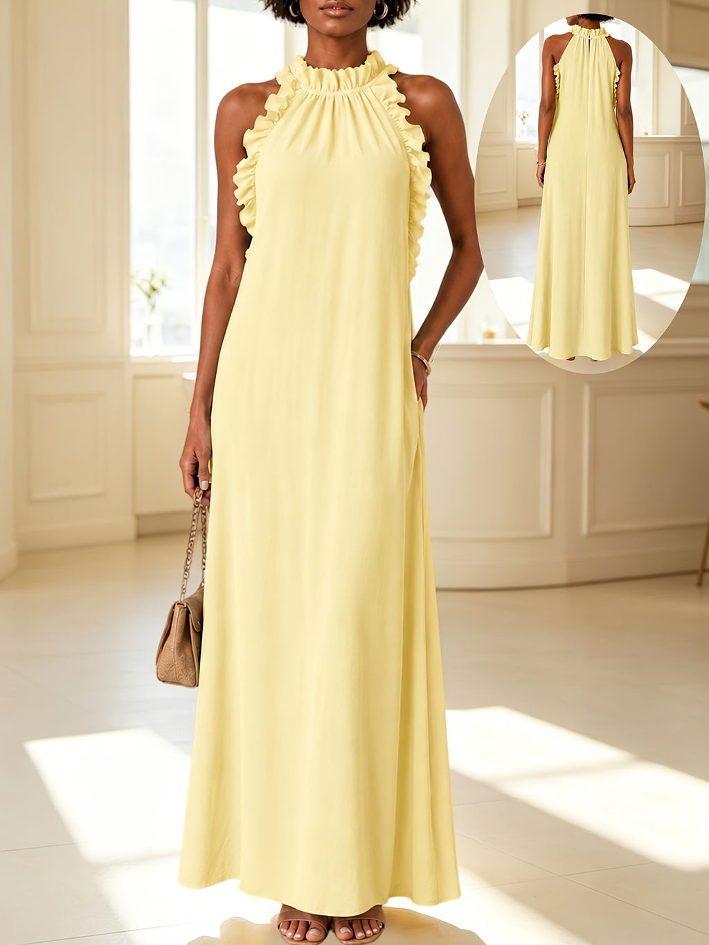 Halter Neck Sleeveless Dress Women Leaf-Edge Ruffle Loose Casual Summer Vacation Solid Color Flowy Boho Beach Dress S-XXL
