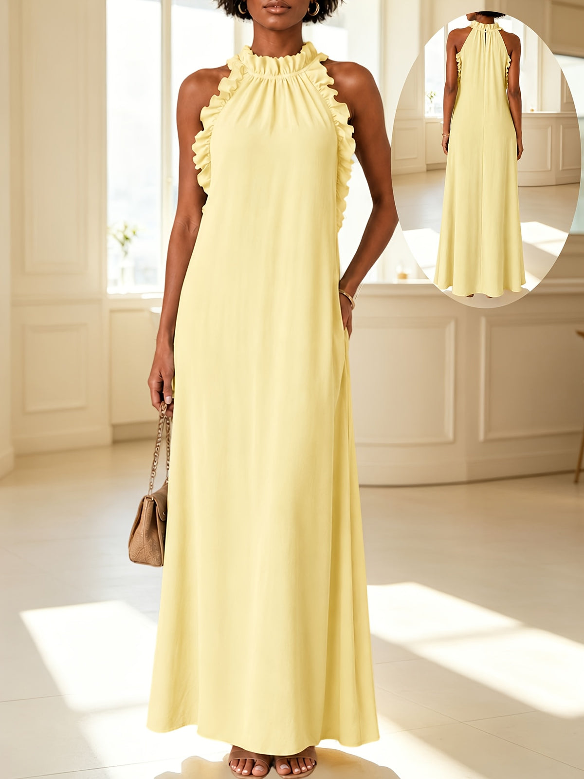 Halter Neck Sleeveless Dress Women Ruffle Leaf Edge Loose Casual Summer Vacation Dress | Mira Roam
