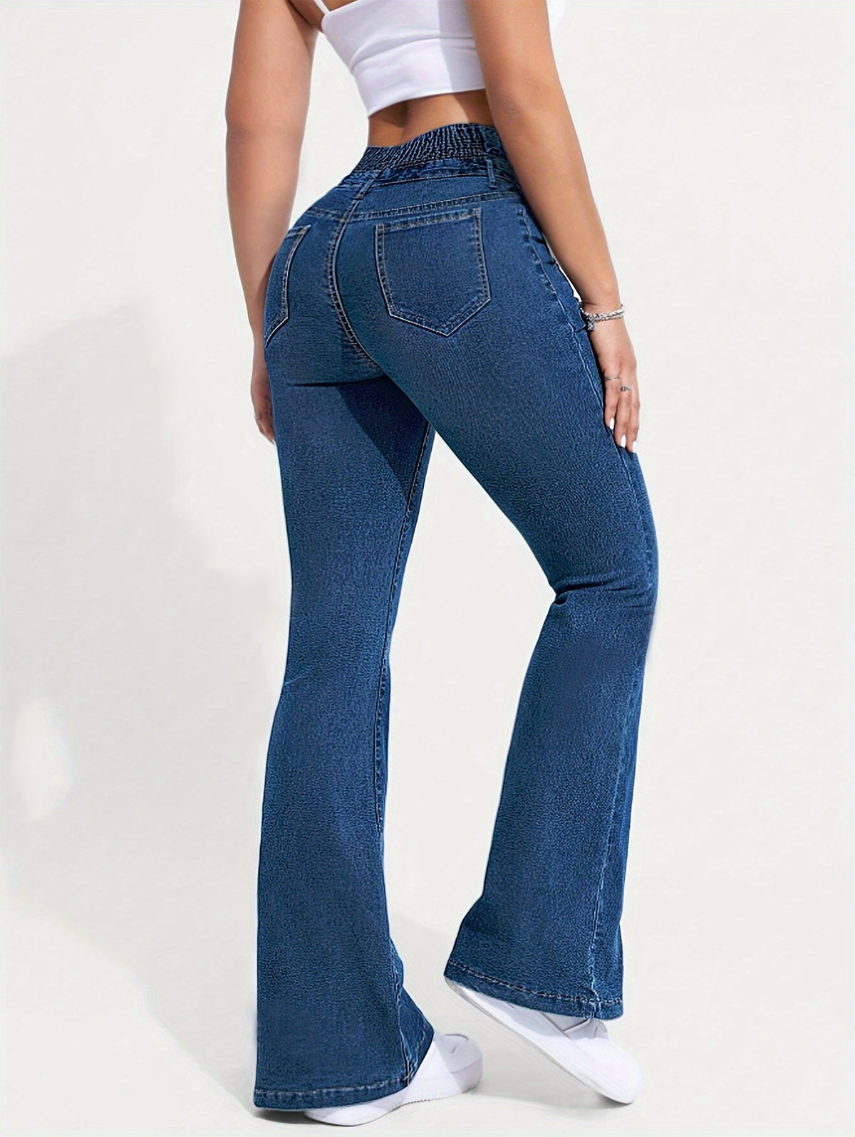 High Waist Flare Leg Jeans Women Vintage Shirring Detail Button Fly Medium Blue Denim All Season