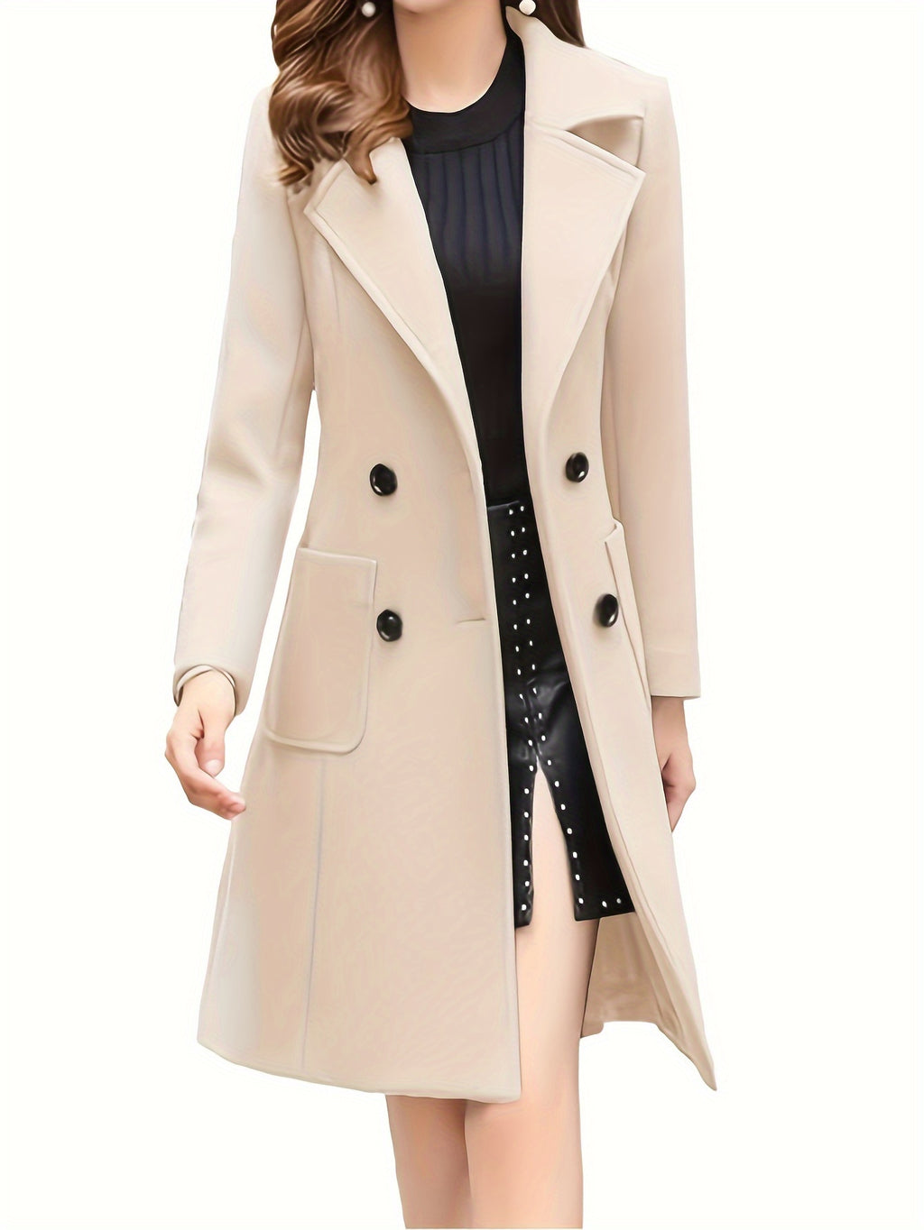 Mid Length Double Breasted Lapel Coat for Women, Suede PU Fabric Lined Winter Overcoat, Elegant Transitional Spring Fall Long Jacket, Classic Chic Women's Trench Coat