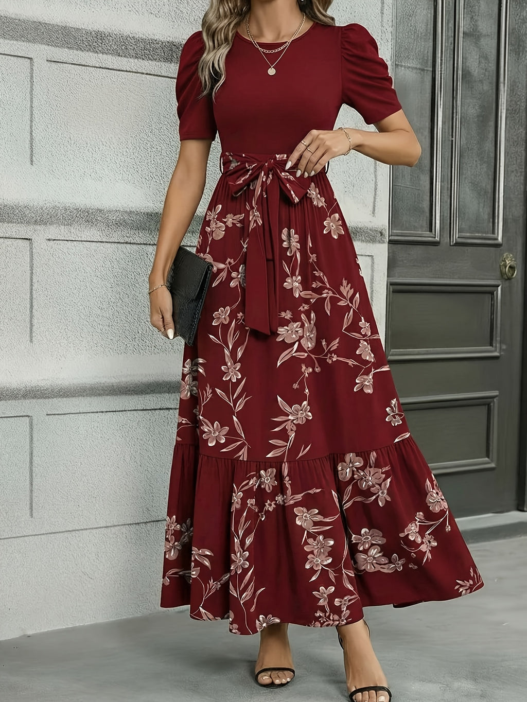 Floral Cinched Waist Long Maxi Dress Women Crew Neck Fitted Elegant Casual Dress for Business Afternoon Tea S-XXL