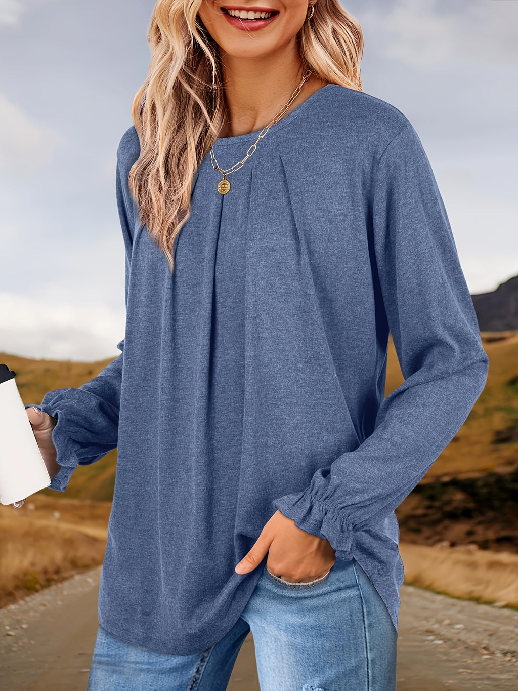 Pleated Ruffle Blouse Women's Long Sleeve Loose Fitting Tunic Top Crew Neck Solid Color Shirt S-XXL | Mira Roam