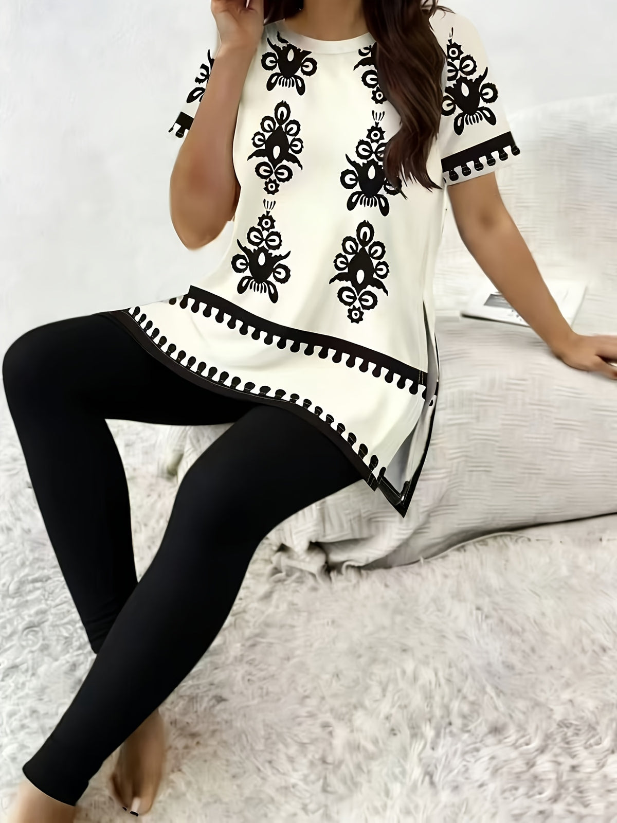 Plaid Print Short Sleeve Top and Slim Trousers Set Women 2pcs Side Slit Casual Spring Autumn Outfit S-XL
