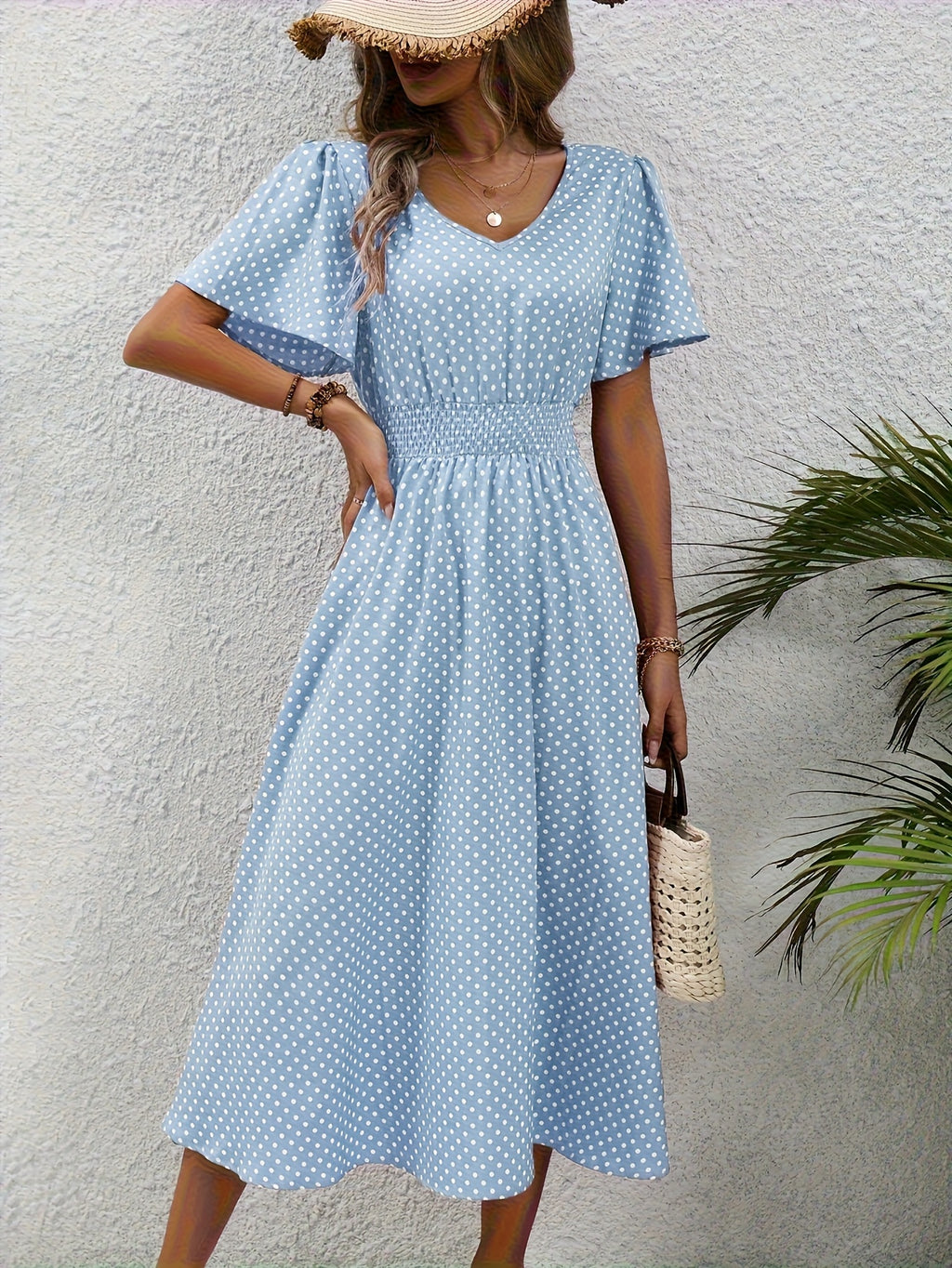 Polka Dot Swing Dress Women V-Neck Ruffled Sleeve Casual Long Dress Waist Enhancing Spring Summer Lightweight Pale Pink Gray Light Blue Green S-XXL