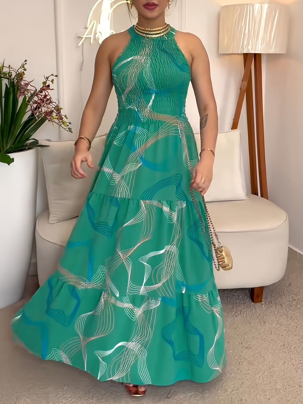 Halter Neck Maxi Dress for Women | Abstract Print Sleeveless Fit & Flare Dress | Ruffled Hem Gathered Waist Summer Dress | Boho Casual Long Dress Women