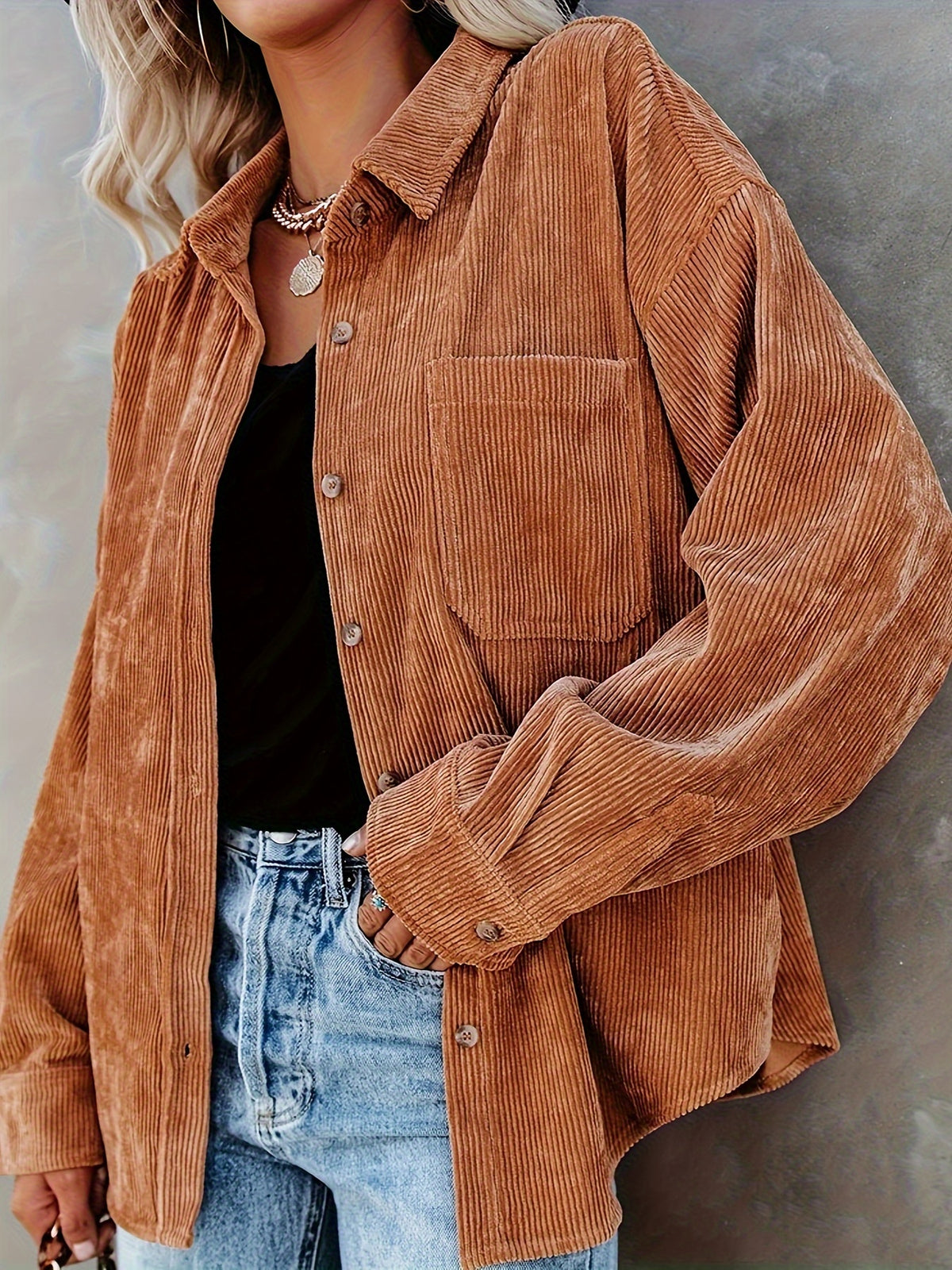 Women's Corduroy Oversized Shacket Long Sleeve Button Up V-Neck Shirt Jacket Loose Blouse with Pockets Fall Winter