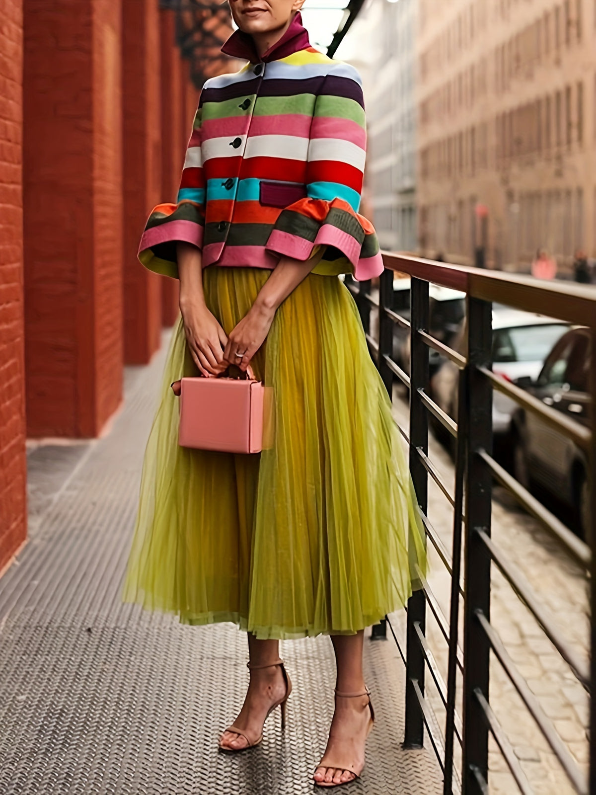 Vintage Striped Lapel Jacket Women Flared Sleeve Multi Color Elegant Party Evening Outerwear Spring Fall Colorful