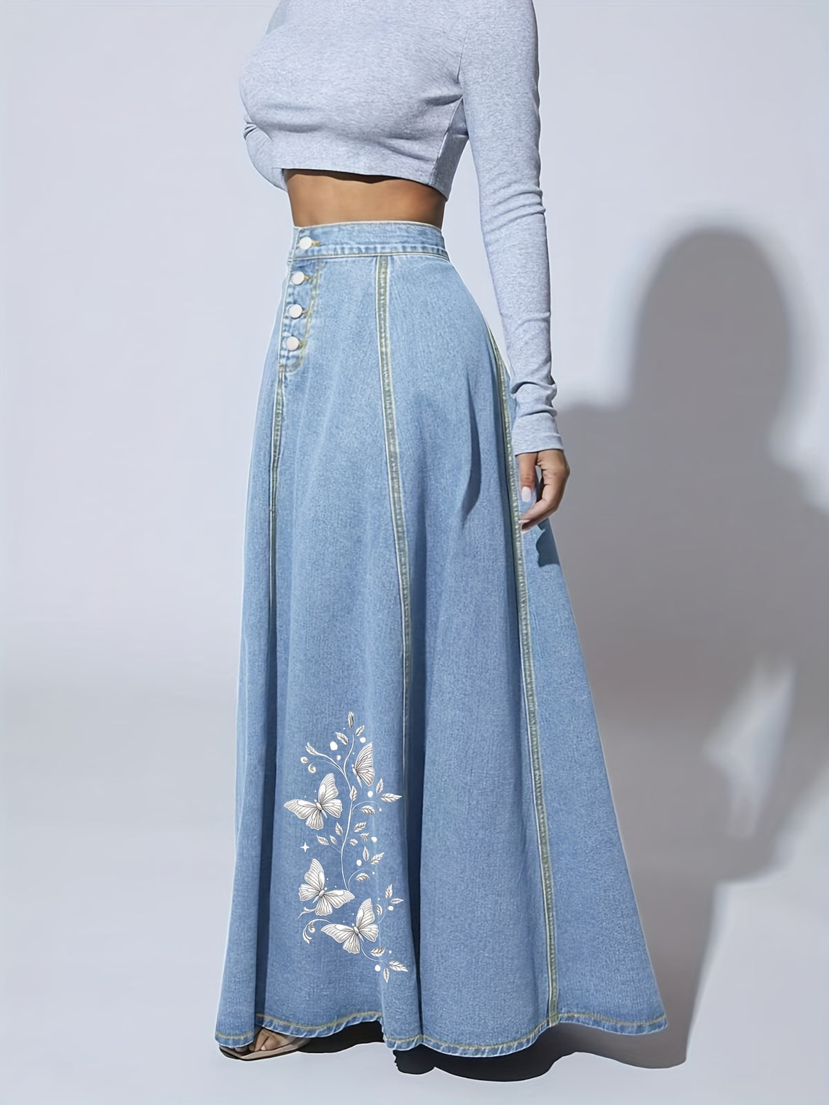 Floral Embroidered Denim Maxi Skirt Women Button Closure Long Jean Skirt Casual Formal All Season Solid Color High Quality 2025