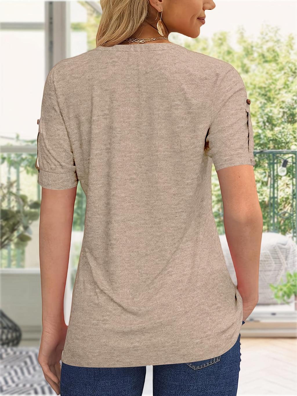 Button Front V-Neck Top Women Pleated Detail Short Sleeve Solid Color Casual Summer Blouse Lightweight Breathable Machine Washable