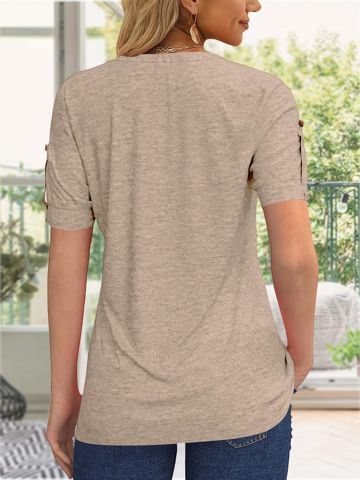 Button Front V-Neck Top Women Pleated Detail Short Sleeve Solid Color Casual Summer Blouse Lightweight Breathable Machine Washable