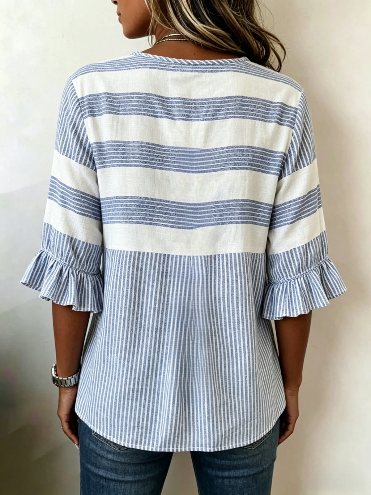 Striped V-Neck Blouse Women Ruffle 3/4 Sleeve Loose Fit Tunic Top Lightweight Linen Button Detail Summer Shirt S-2XL
