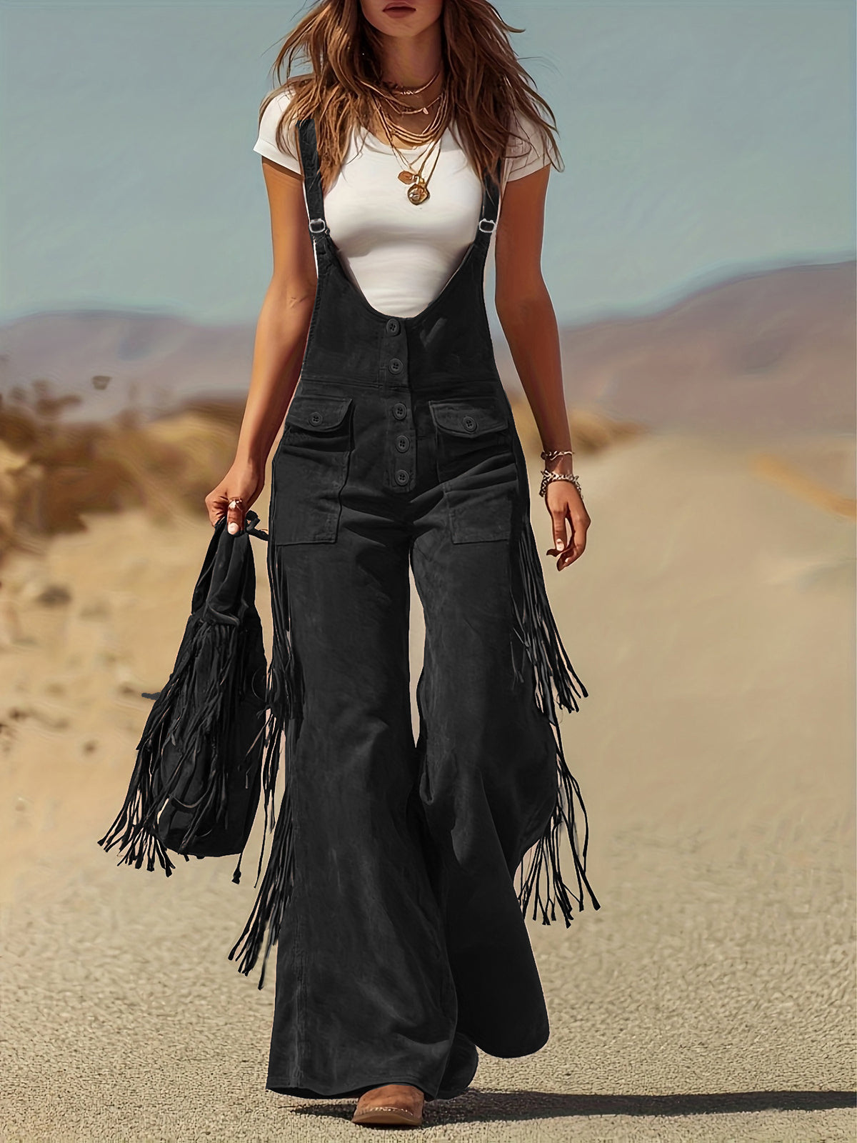 Vintage Fringe Overalls Women Wide Leg Loose Faux Suede Western Boho Festival Country Concert Halloween Costume Outfit