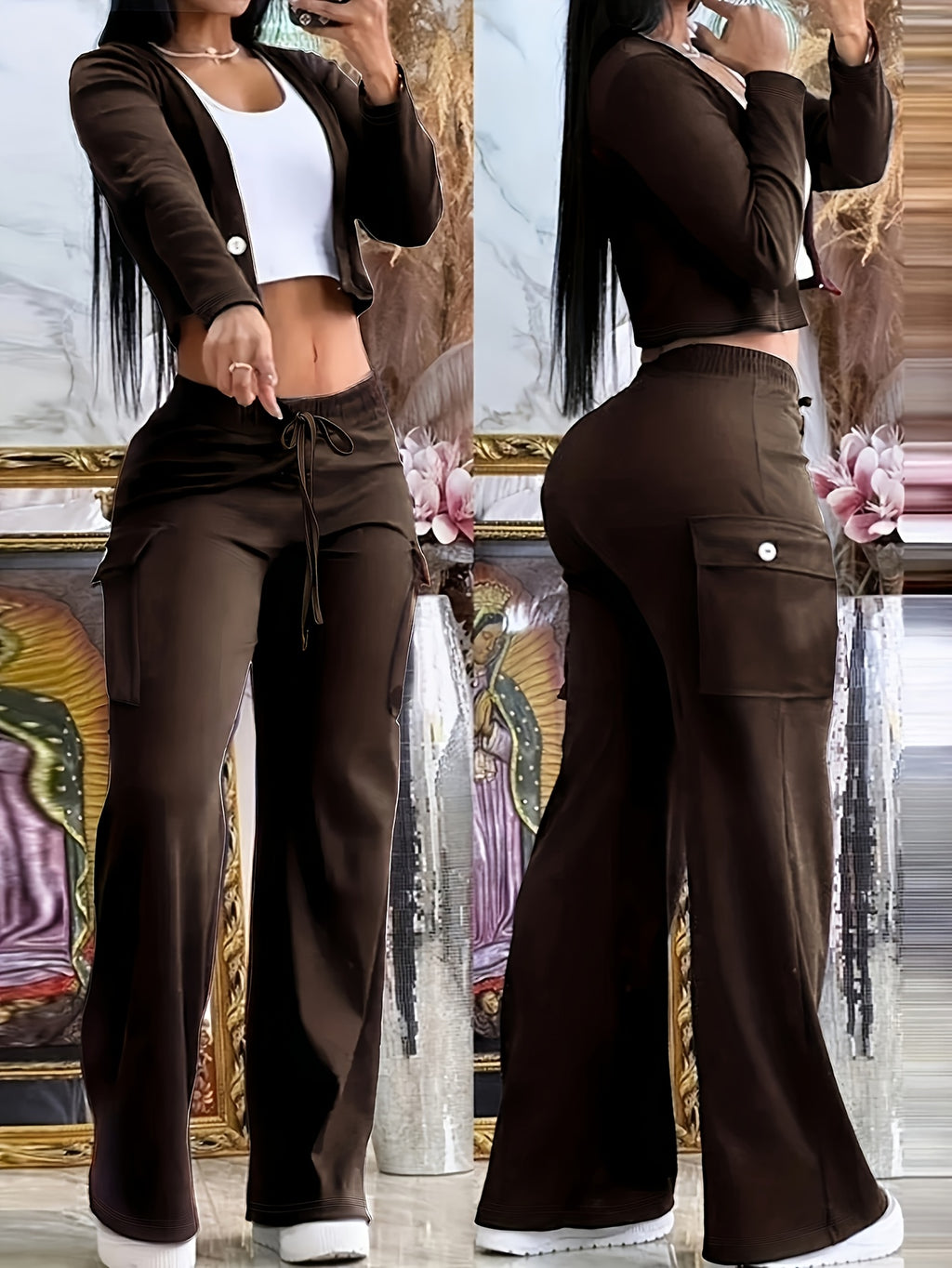 Women's 2 Piece Set Green Cardigan & Camouflage Cargo Pants Y2K Style V-Neck Button Blazer Belted Waist Streetwear Outfit