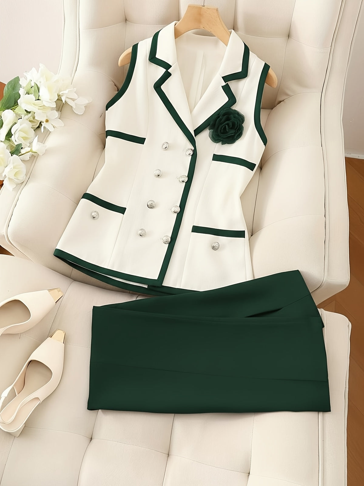 Blazer and Pencil Skirt Set Women 2pcs Contrast Collar White Blue Office Business Formal Outfit Fall Winter S-XL