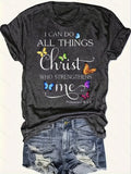 Women's Butterfly Letter Print Short Sleeve Crew Neck Tee Vintage Casual Top Dark Gray Black S-XXL