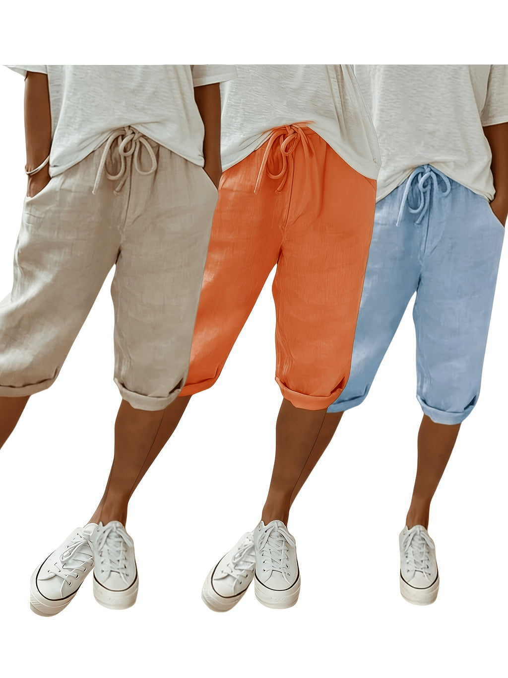 Boyfriend Capri Pants Set Women 3-Piece Drawstring Waist Curled Hem Pockets Casual Holiday Beach Summer Relaxed