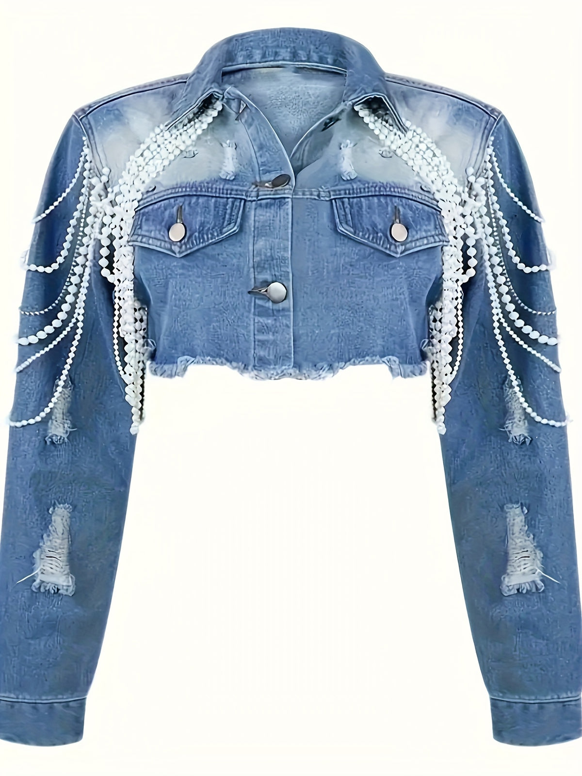 Women's Pearl Decorated Denim Jacket A-Line Waist-Hugging Short Coat Square Neck Vintage Retro Washed Loose Jean Outerwear Spring Fall