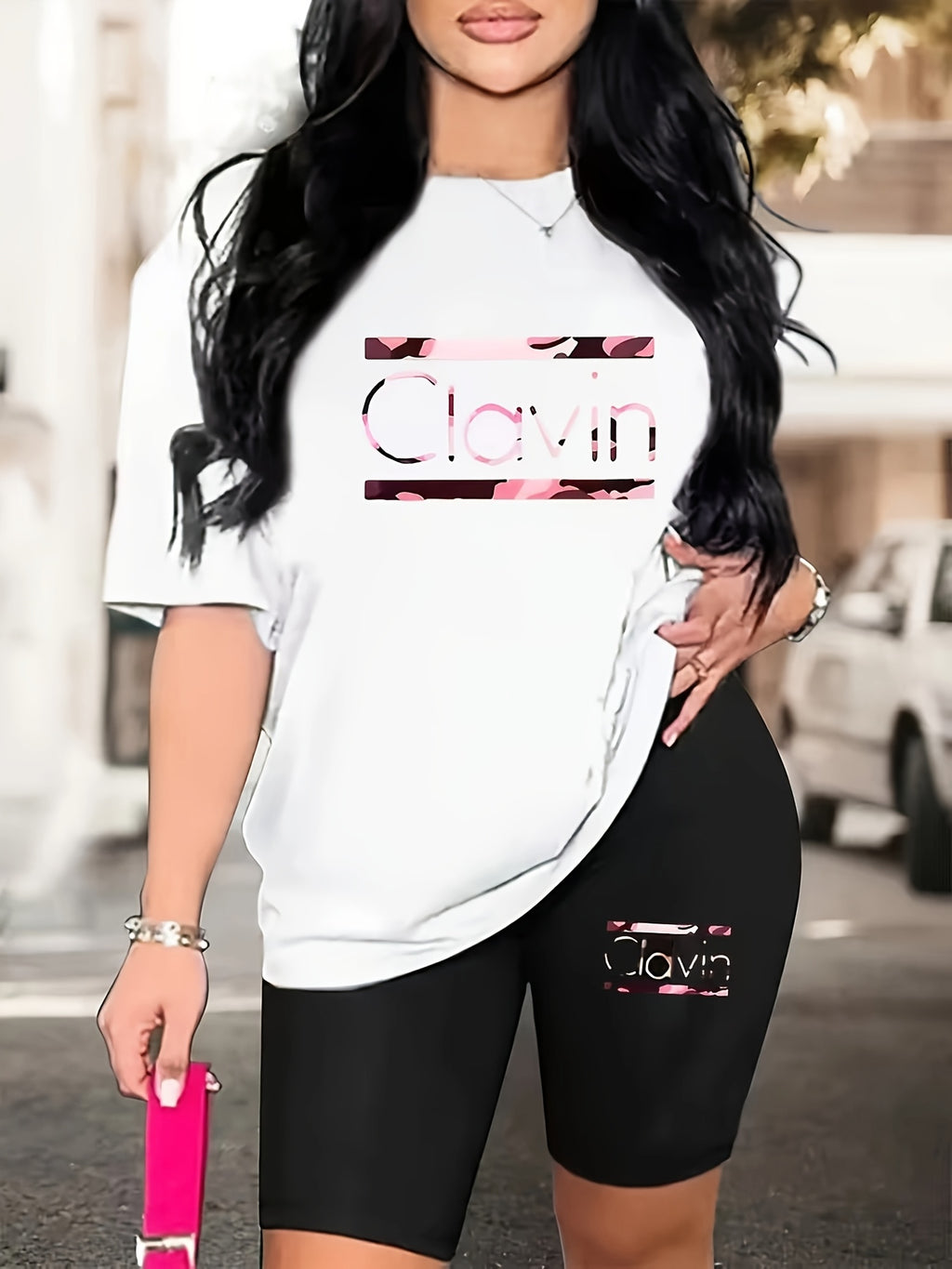 Women's 2-Piece Oversized T-Shirt and Fitted Shorts Matching Set Lettering Print Streetwear Loungewear