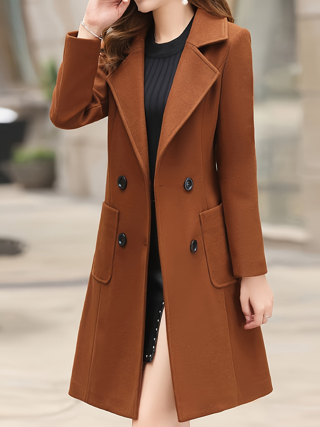Black Long Coat Women Double Breasted Open Front Lapel Collar Pockets Fall Winter Elegant Outerwear Solid Color