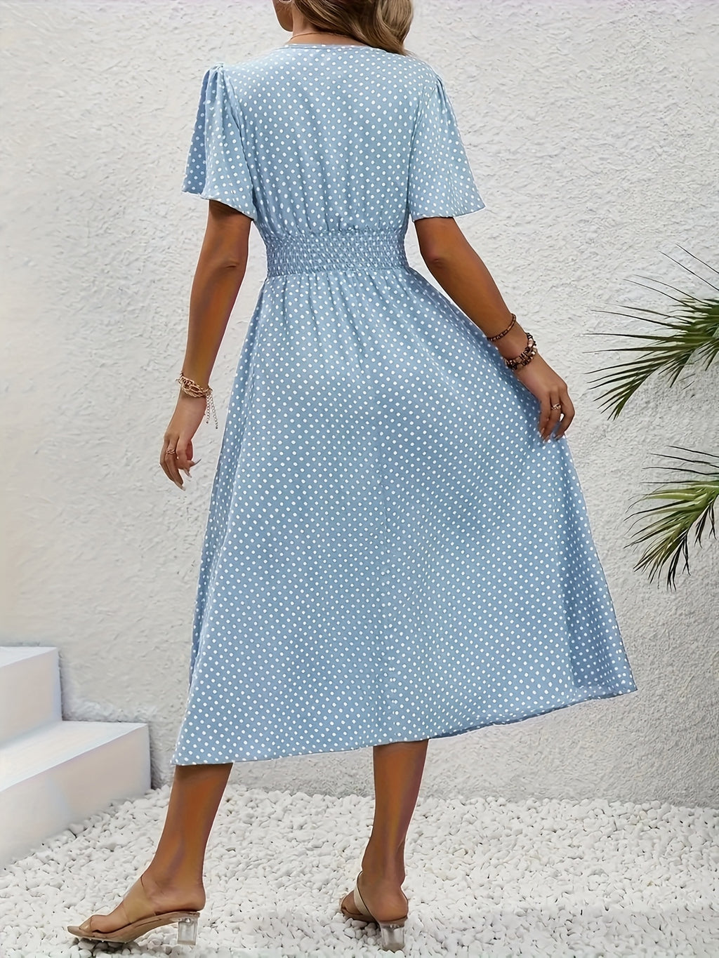 Polka Dot Swing Dress Women V-Neck Ruffled Sleeve Casual Long Dress Waist Enhancing Spring Summer Lightweight Pale Pink Gray Light Blue Green S-XXL