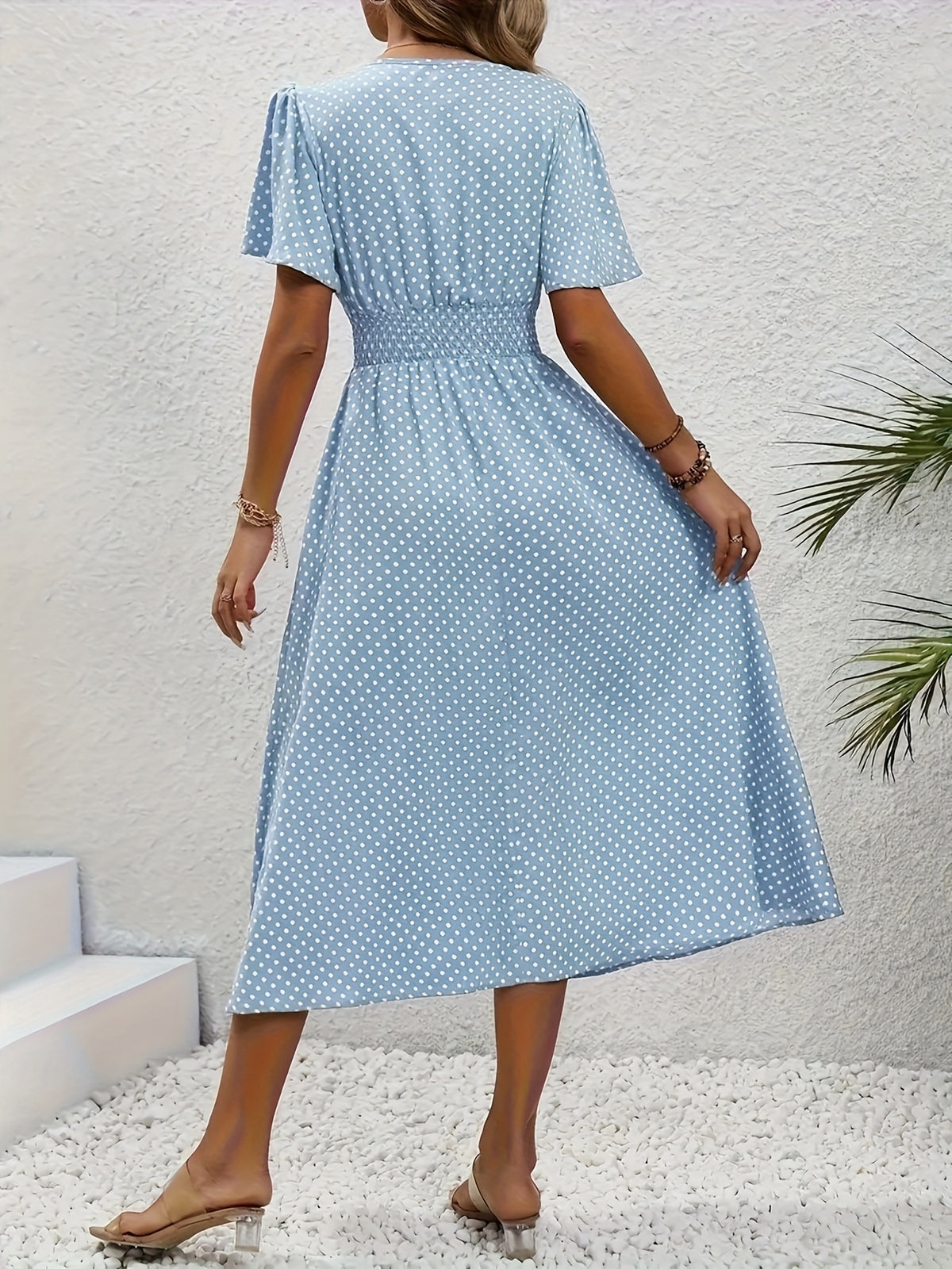 Polka Dot Swing Dress Women V-Neck Ruffled Sleeve Casual Long Dress Waist Enhancing Spring Summer Lightweight Pale Pink Gray Light Blue Green S-XXL