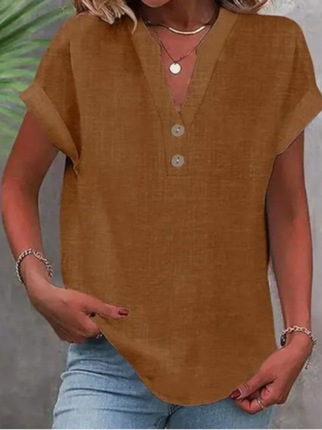 V-Neck Button Placket Tee Women Solid Color Short Sleeve Casual Summer Top Lightweight Breathable 15 Colors S-XXL