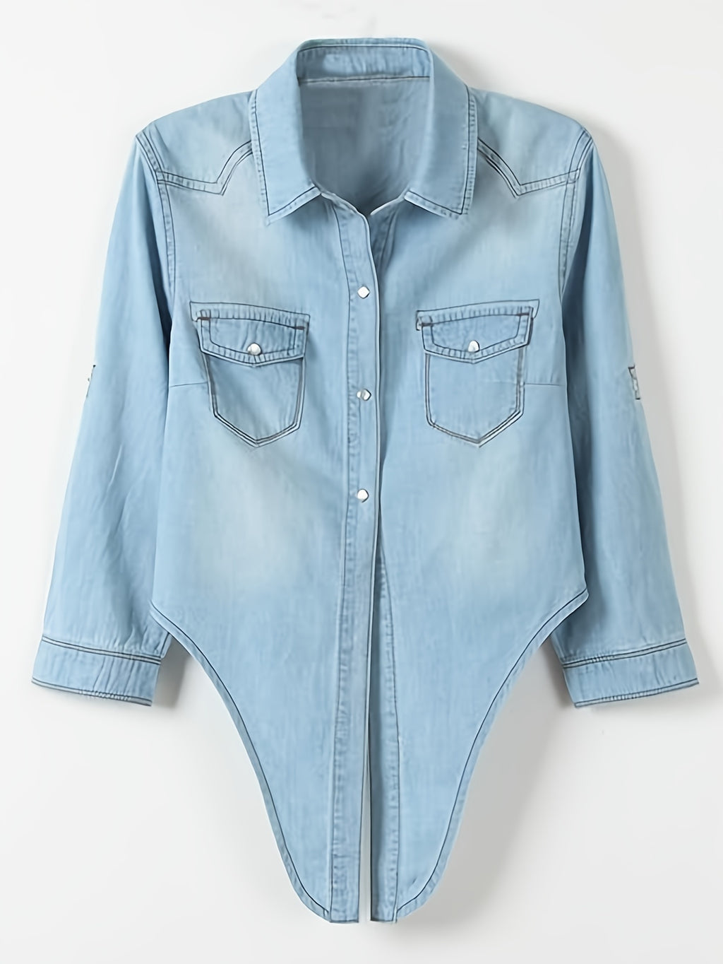 Women's Roll-Up 3/4 Sleeve Tie Front Knot Shirt Chambray Denim Crop Top Button Detail White Blue XS-XXL