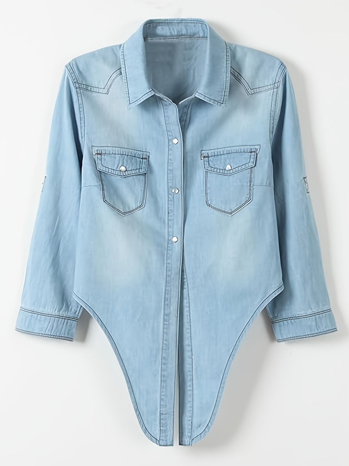 Women's Roll-Up 3/4 Sleeve Tie Front Knot Shirt Chambray Denim Crop Top Button Detail White Blue XS-XXL