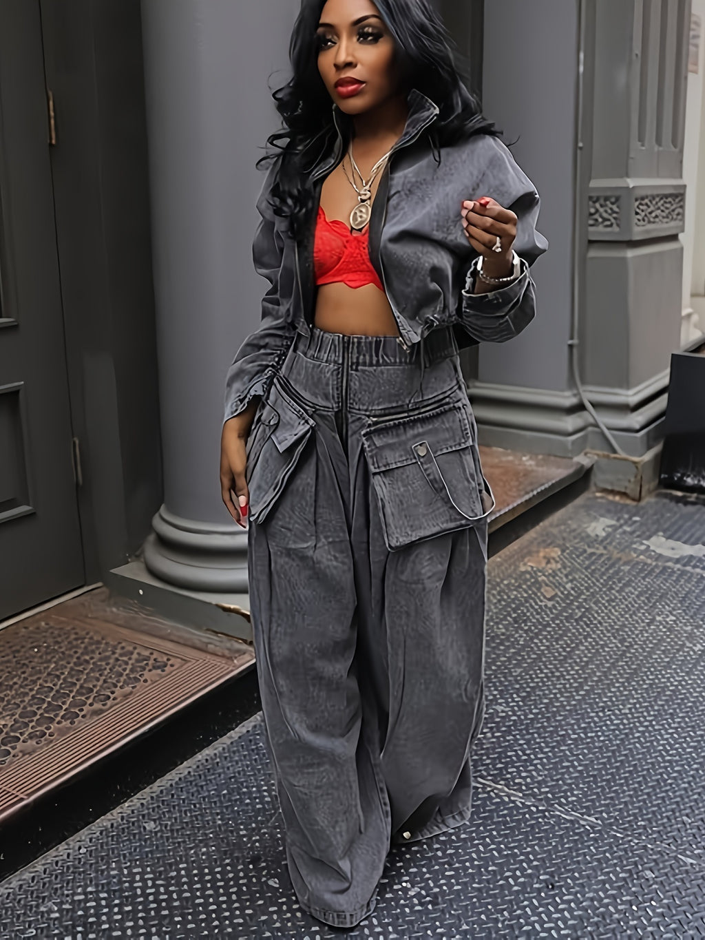 Denim 2-Piece Set Women Ruched Zip-Up Cropped Jean Jacket Wide Leg Pants Chic Matching Outfit Black Sky Blue S-XXL