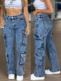 Multi Pocket High Waist Straight Leg Jeans Women Stretch Work Casual Heavy Wash Denim Pants XS-XL