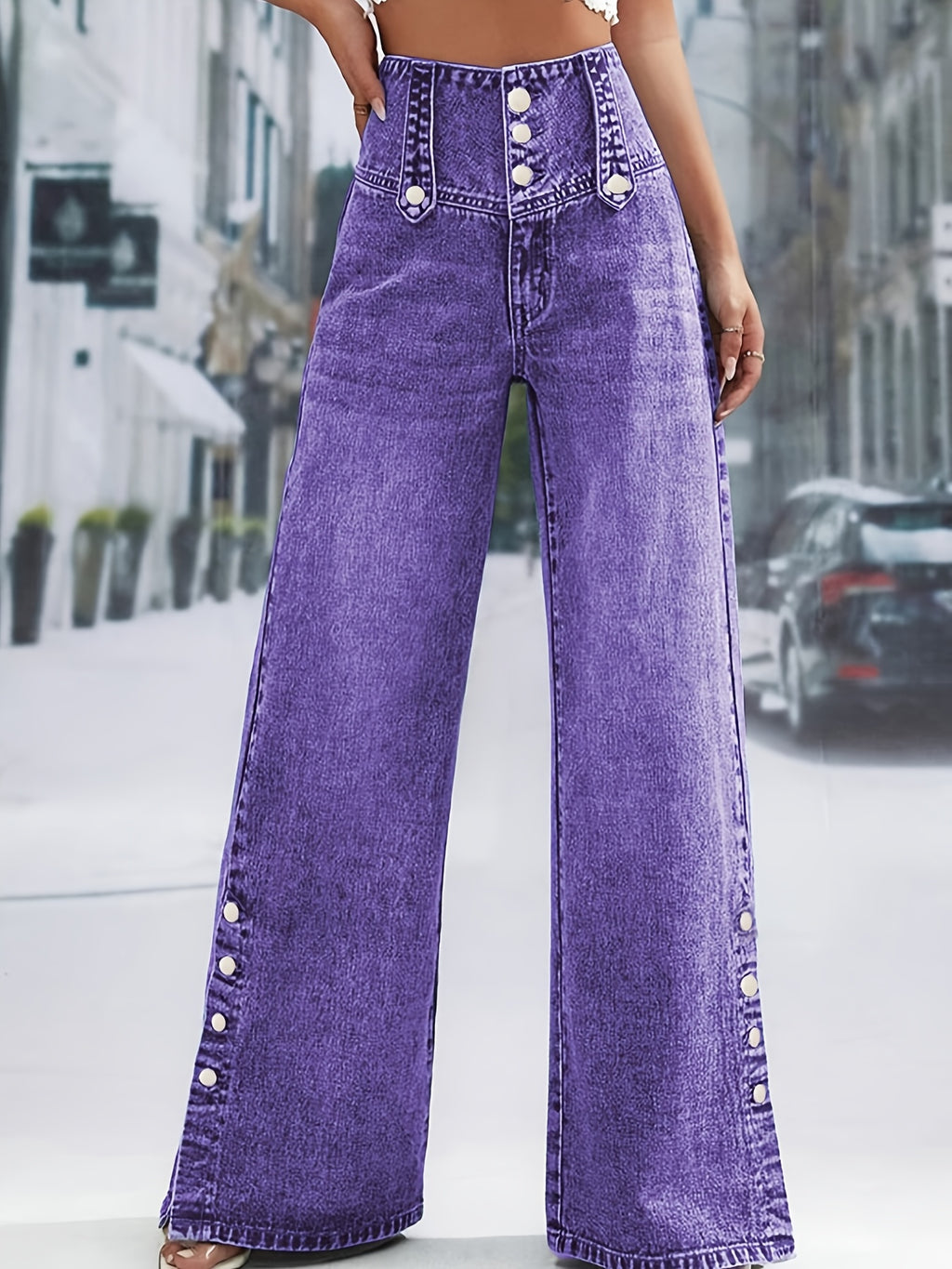 Wide-Leg Purple Jeans Women Adjustable Button Waist Mid-Rise Straight Casual Pants All-Season Travel Office