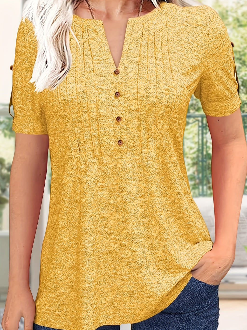 Button Front V-Neck Top Women Pleated Detail Short Sleeve Solid Color Casual Summer Blouse Lightweight Breathable Machine Washable