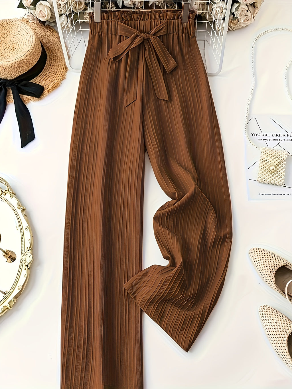 Pleated Wide Leg Pants Women 3 Pack Bow Elastic Waist Loose Straight Leg Long Trousers Spring Summer Daily Commute Casual Versatile S-XXL