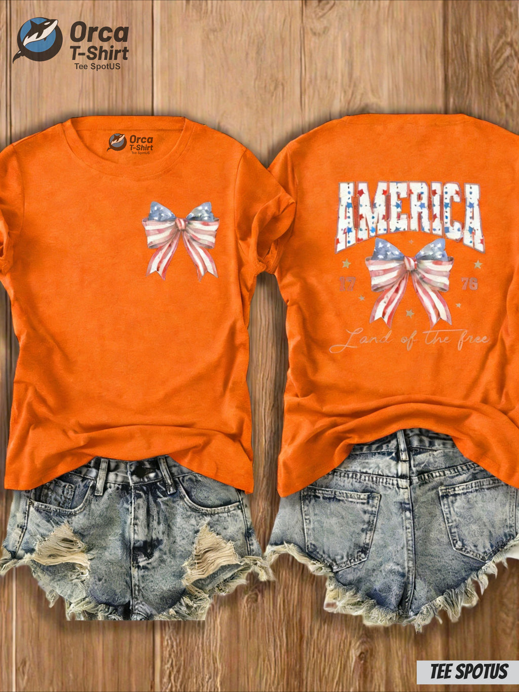 4th of July T-Shirt Women America Flag Bow Print Crew Neck Casual Patriotic Top 8 Colors S-XXL