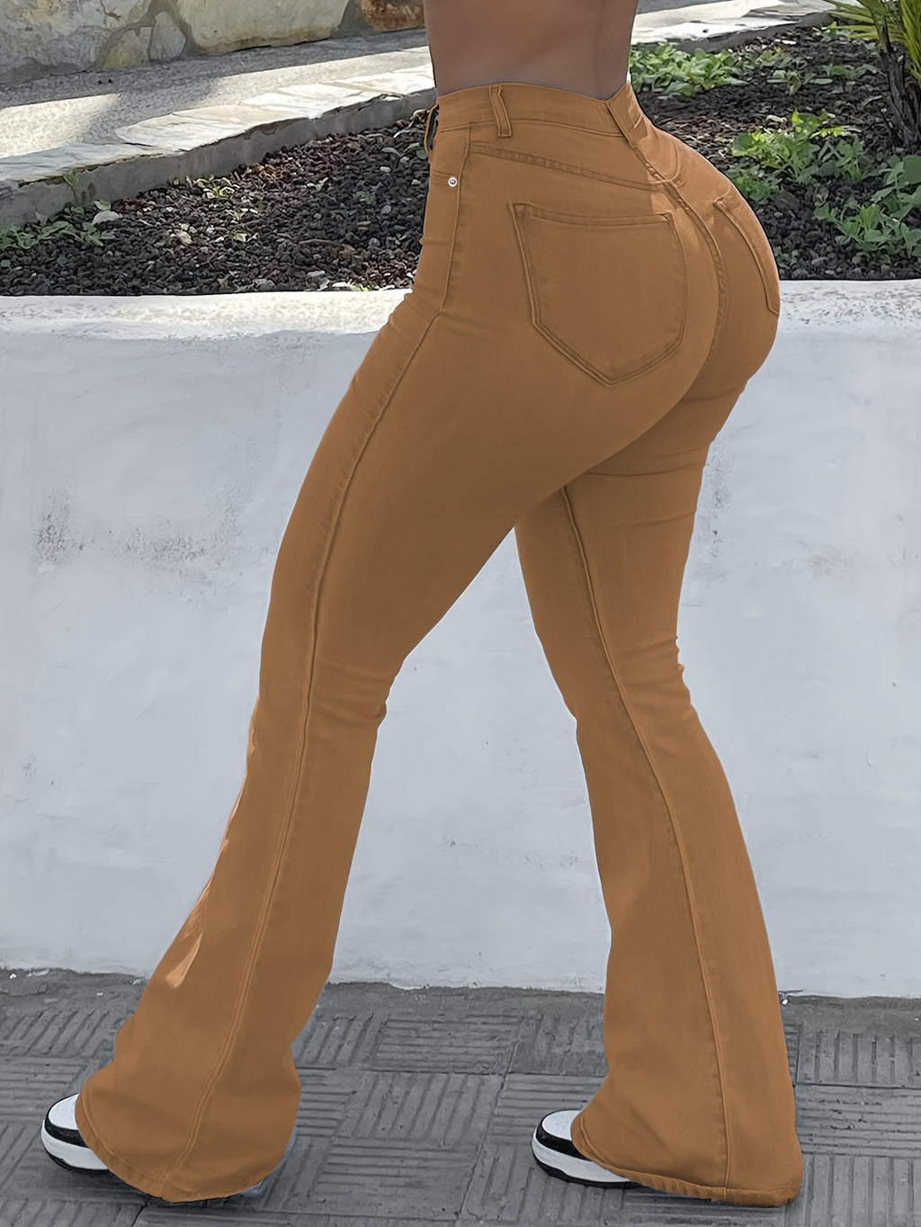 High Waist Stretch Flare Jeans Women Wide Leg Pants with Pockets – Solid Color Street Style, All-Season Comfortable Denim, Machine Washable