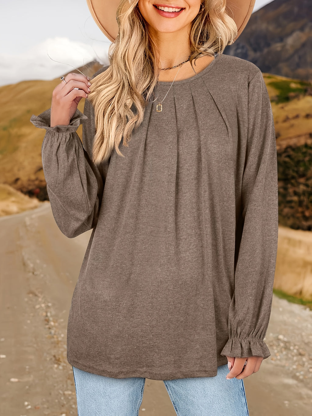 Pleated Ruffle Blouse Women's Long Sleeve Loose Fitting Tunic Top Crew Neck Solid Color Shirt S-XXL | Mira Roam