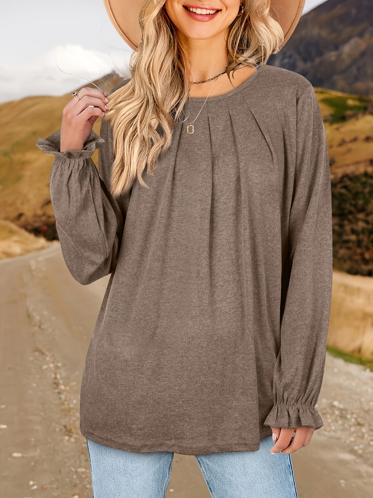 Pleated Ruffle Blouse Women's Long Sleeve Loose Fitting Tunic Top Crew Neck Solid Color Shirt S-XXL | Mira Roam