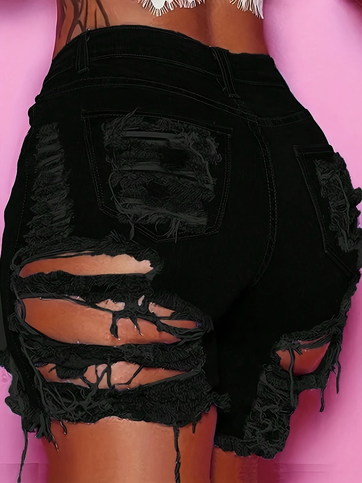 Ripped Denim Shorts Women High Waist Irregular Hem Skinny Jean Shorts with Pockets Sexy Casual Summer Hot Pants Black Dark Blue