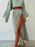 Cropped Top & High-Waist Slit Pants Two-Piece Set for Women - Soft Relaxed Fit Chic Vacation Outfit for Beach Casual Friday & Weekend Errands