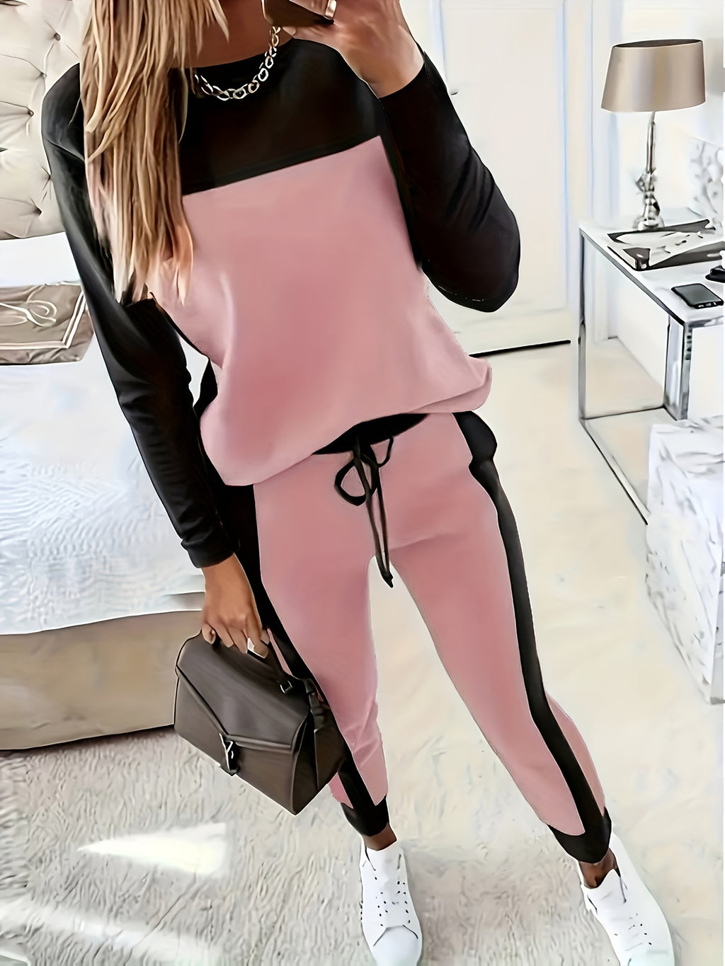 Color Block 2 Piece Set Women Round Neck Long Sleeve Top and Pants Casual Matching Outfit - Soft Stretch Fall Winter Co-ord