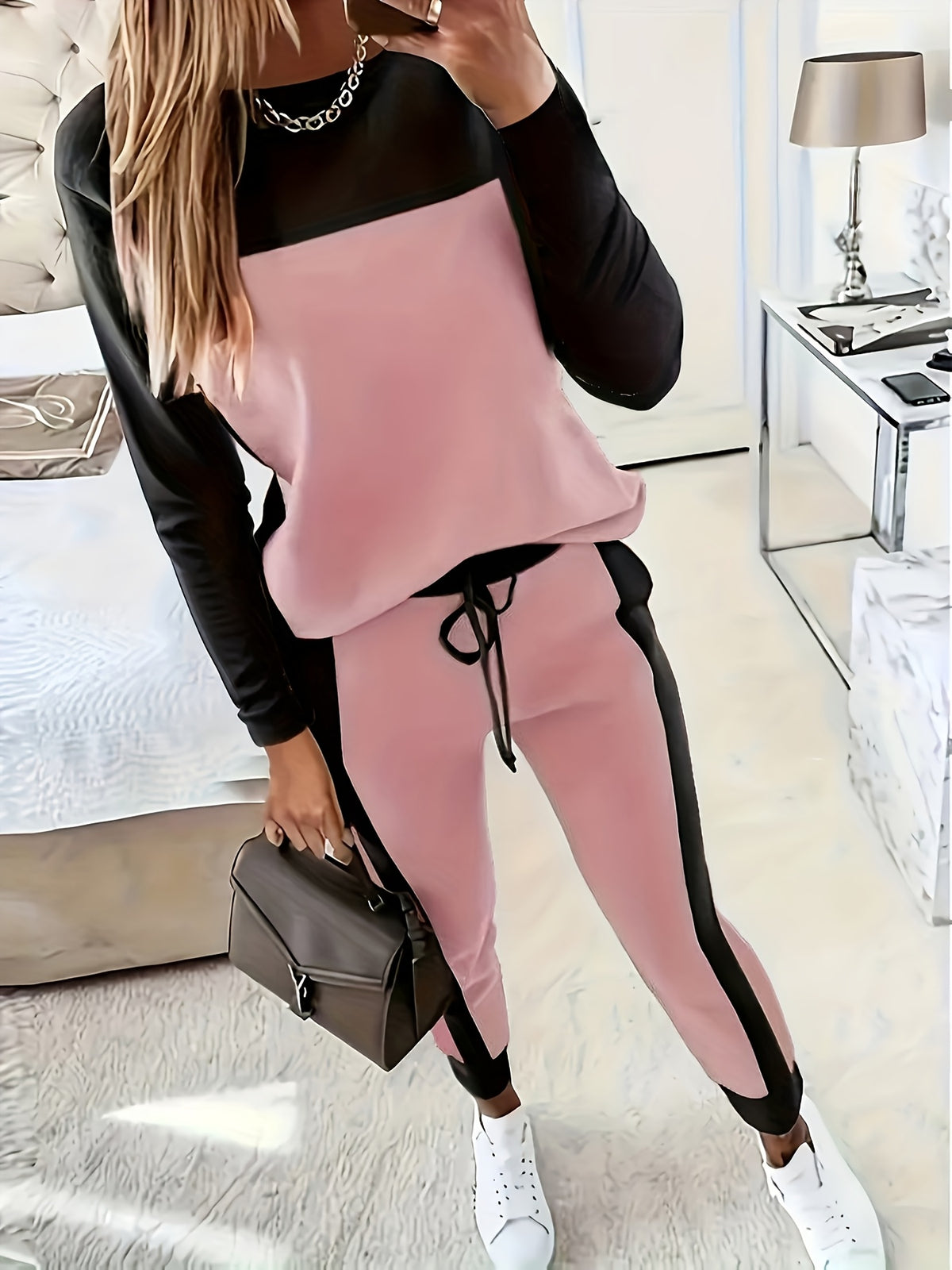 Color Block 2 Piece Set Women Round Neck Long Sleeve Top and Pants Casual Matching Outfit - Soft Stretch Fall Winter Co-ord
