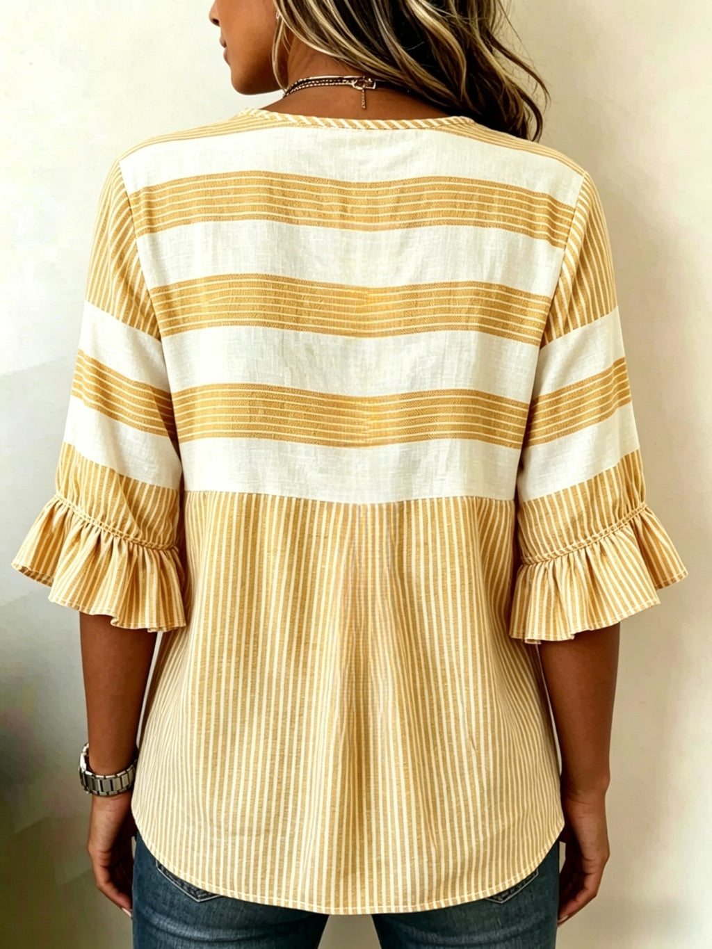Striped V-Neck Blouse Women Ruffle 3/4 Sleeve Loose Fit Tunic Top Lightweight Linen Button Detail Summer Shirt S-2XL