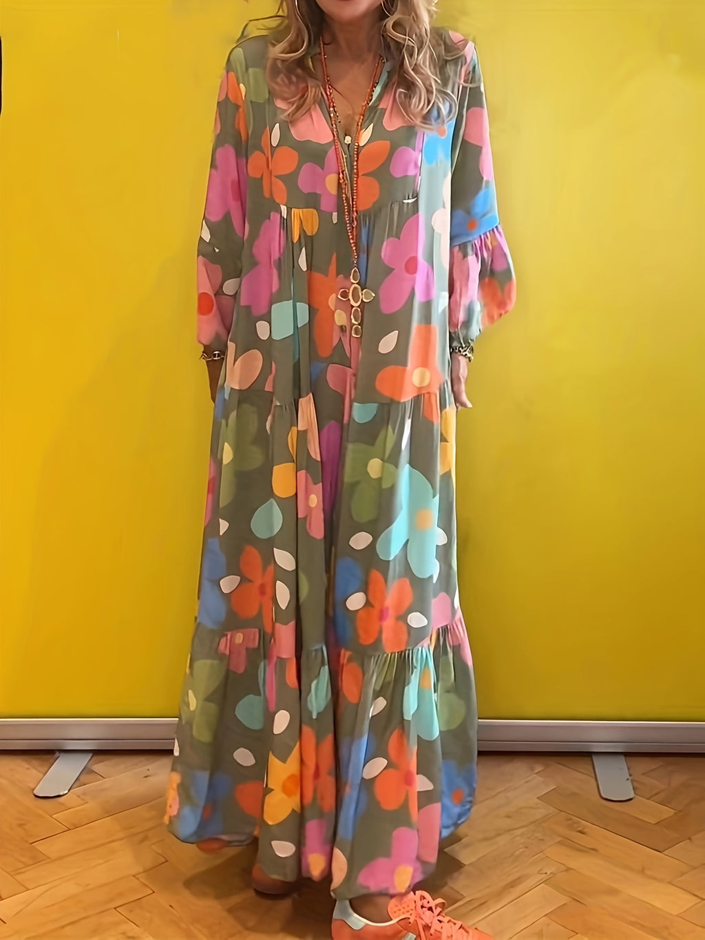 Floral Print Boho Maxi Dress Women V-Neck Layered Tiered Hem 3/4 Ruffle Sleeves Loose Fit Button Closure A-Line Long Dress Spring Summer S-XXL