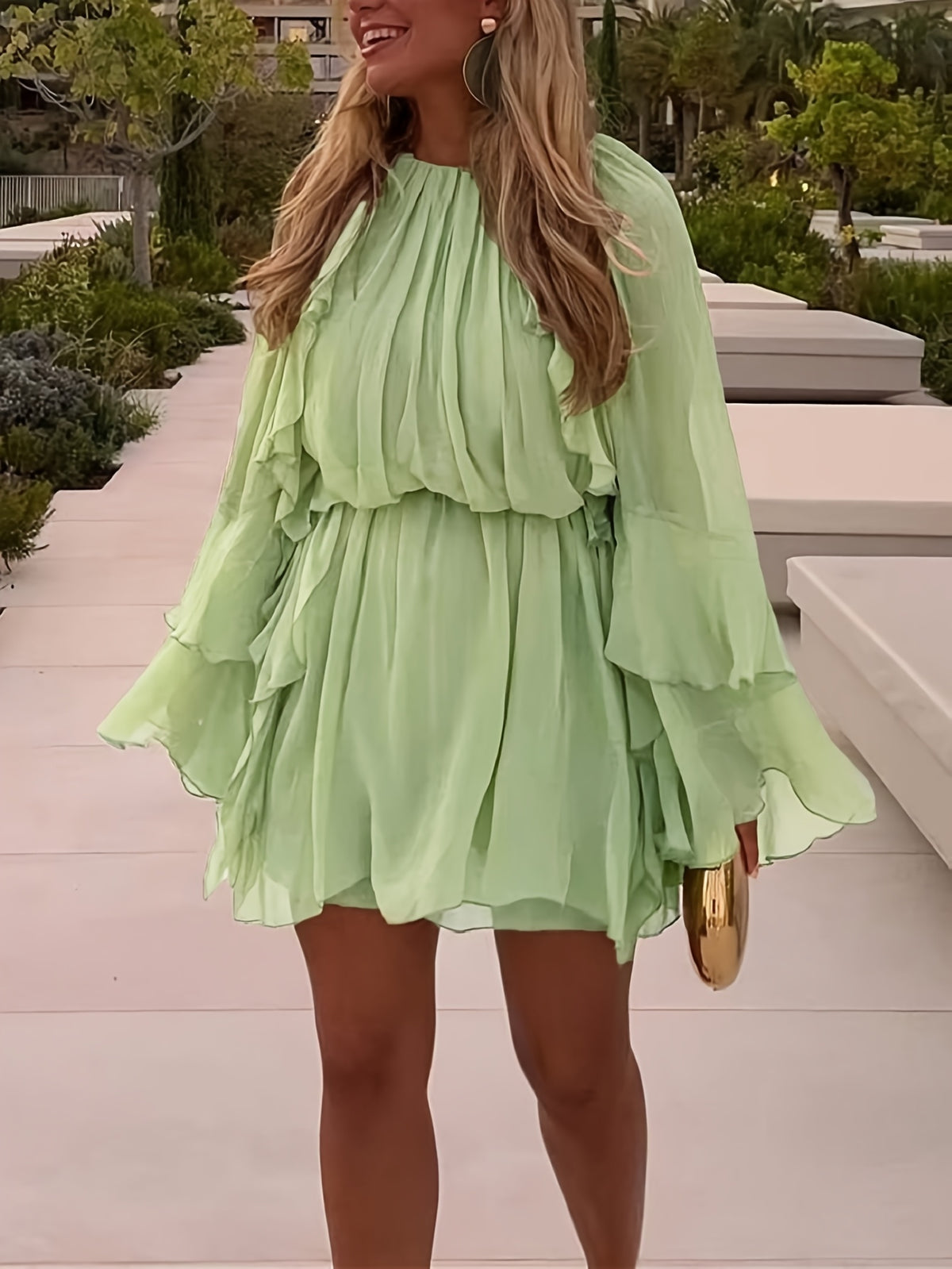 Layered Ruffle Chiffon A-Line Dress Women Loose Flowy Semi-Sheer Casual Vacation Spring Summer Dress S-XXL