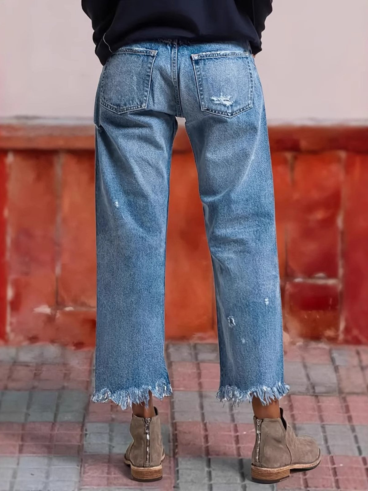 Tassel Hem Slim Jeans for Women Casual Straight Leg Blue Denim Pants All-Match Fringe Trouser Legs Everyday Fashion S-XXL