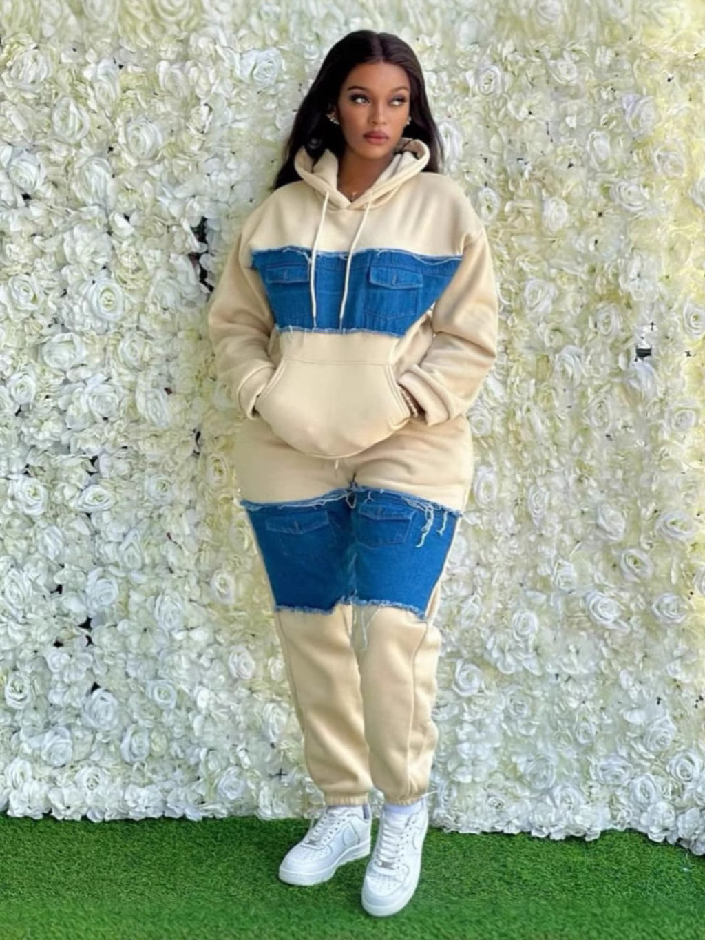Color Block Sweatshirt Tracksuit Set for Women - Oversized Retro Streetwear Patchwork 2-Piece Casual Matching Outfit