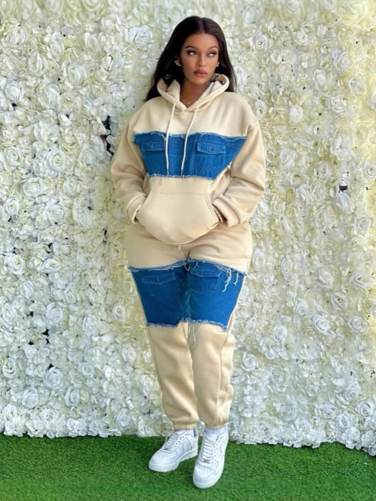 Color Block Sweatshirt Tracksuit Set for Women - Oversized Retro Streetwear Patchwork 2-Piece Casual Matching Outfit