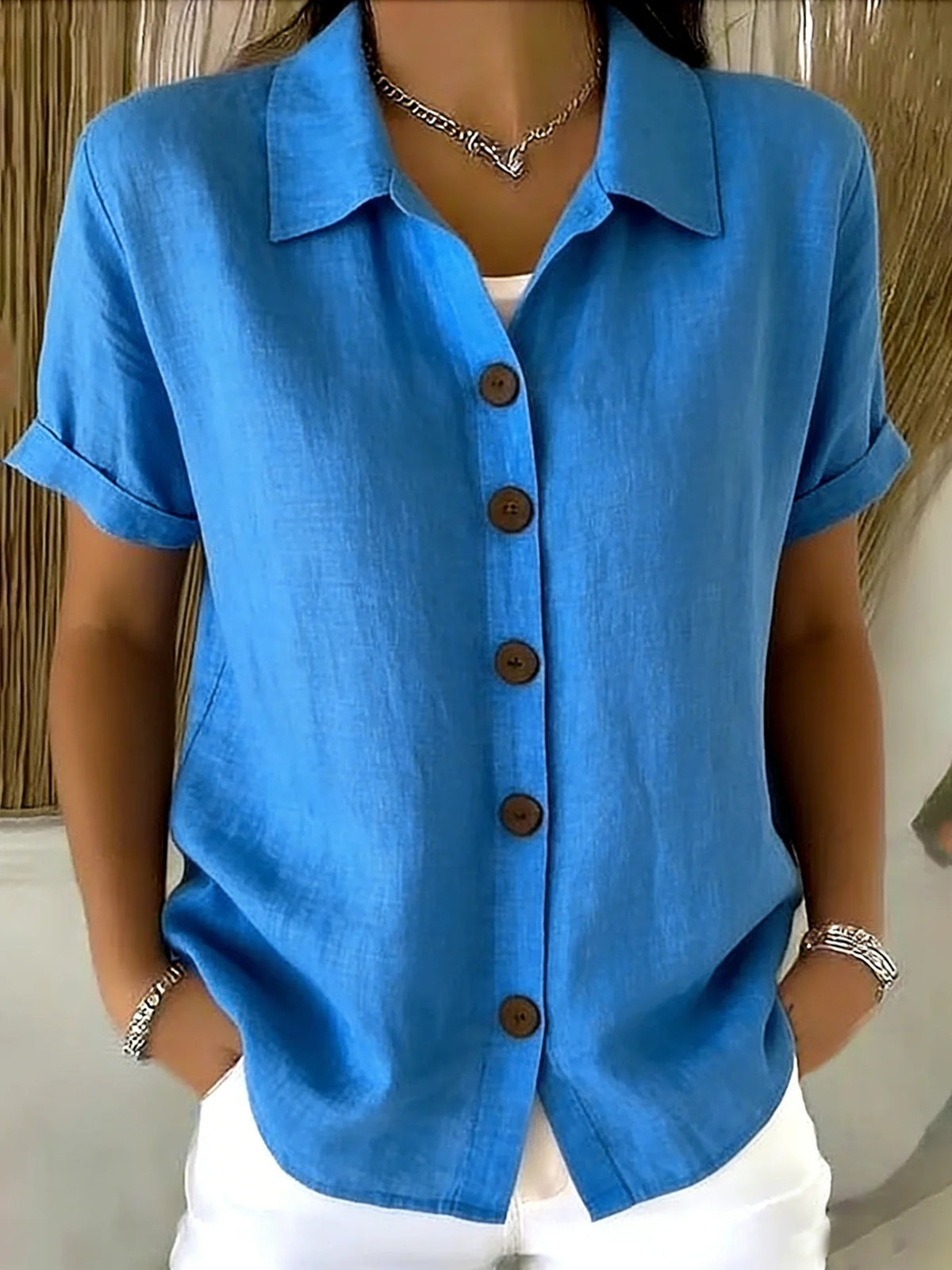 Button-Up Shirt Women Short Sleeve V-Neck Collar Blouse Business Casual Elegant Office Work Top S-XXL