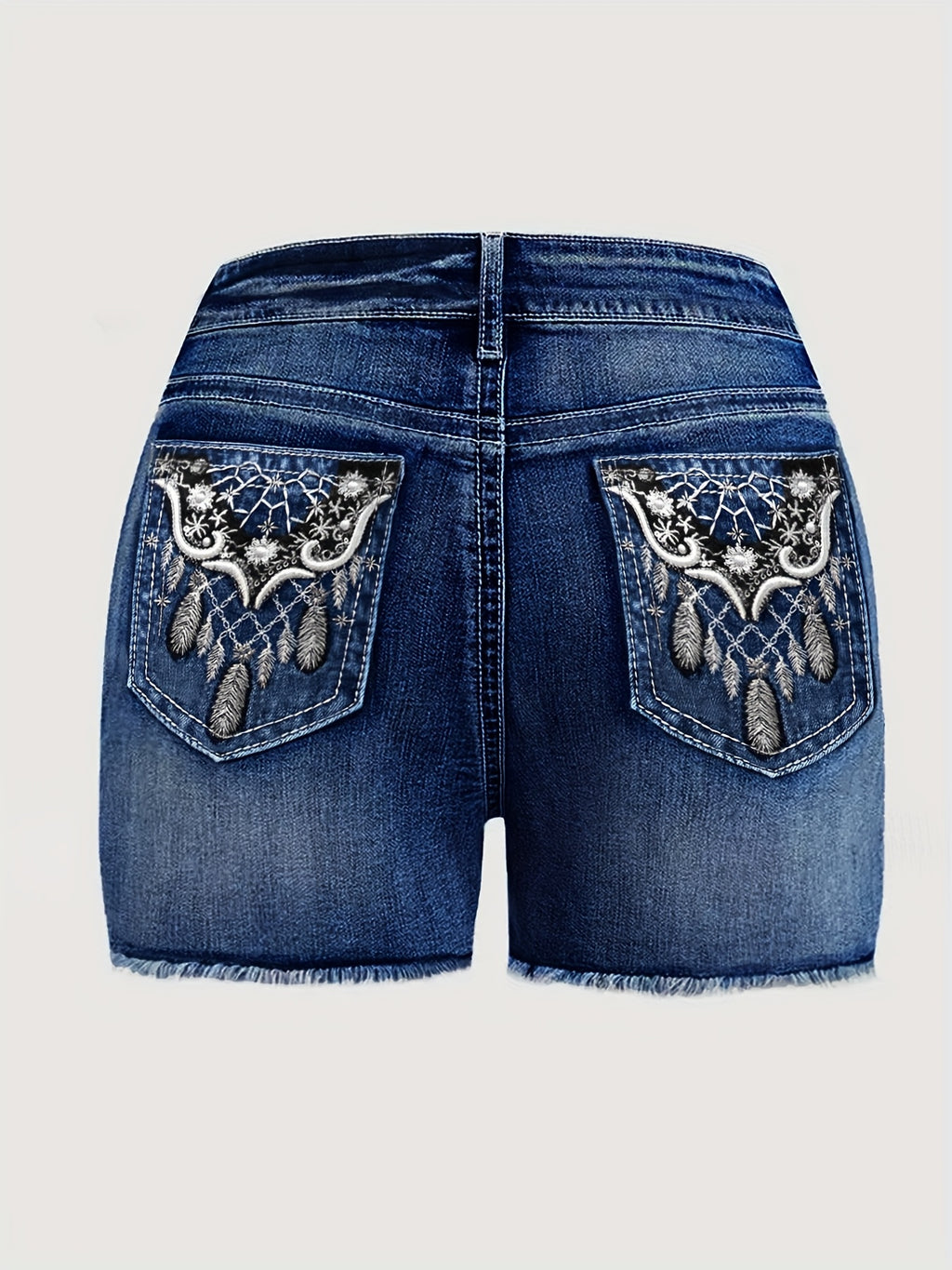 High Waist Embroidery Frayed Denim Shorts Women Stretch Washed Blue Casual Mature Style Versatile Outing Jean Shorts